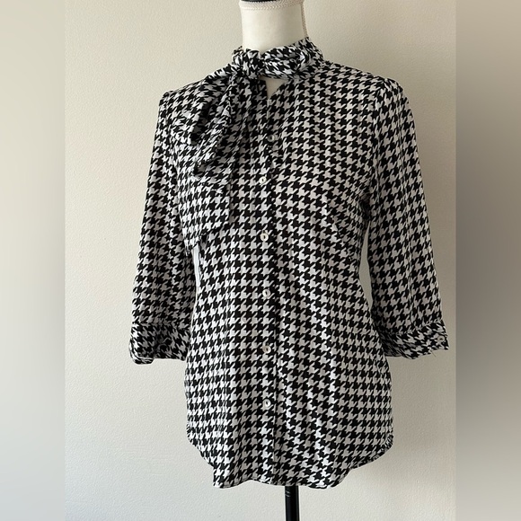 Kardashian Kollection Blouse Houndstooth Bow Long Sleeve Dark Academia Sz XS - Picture 1 of 9